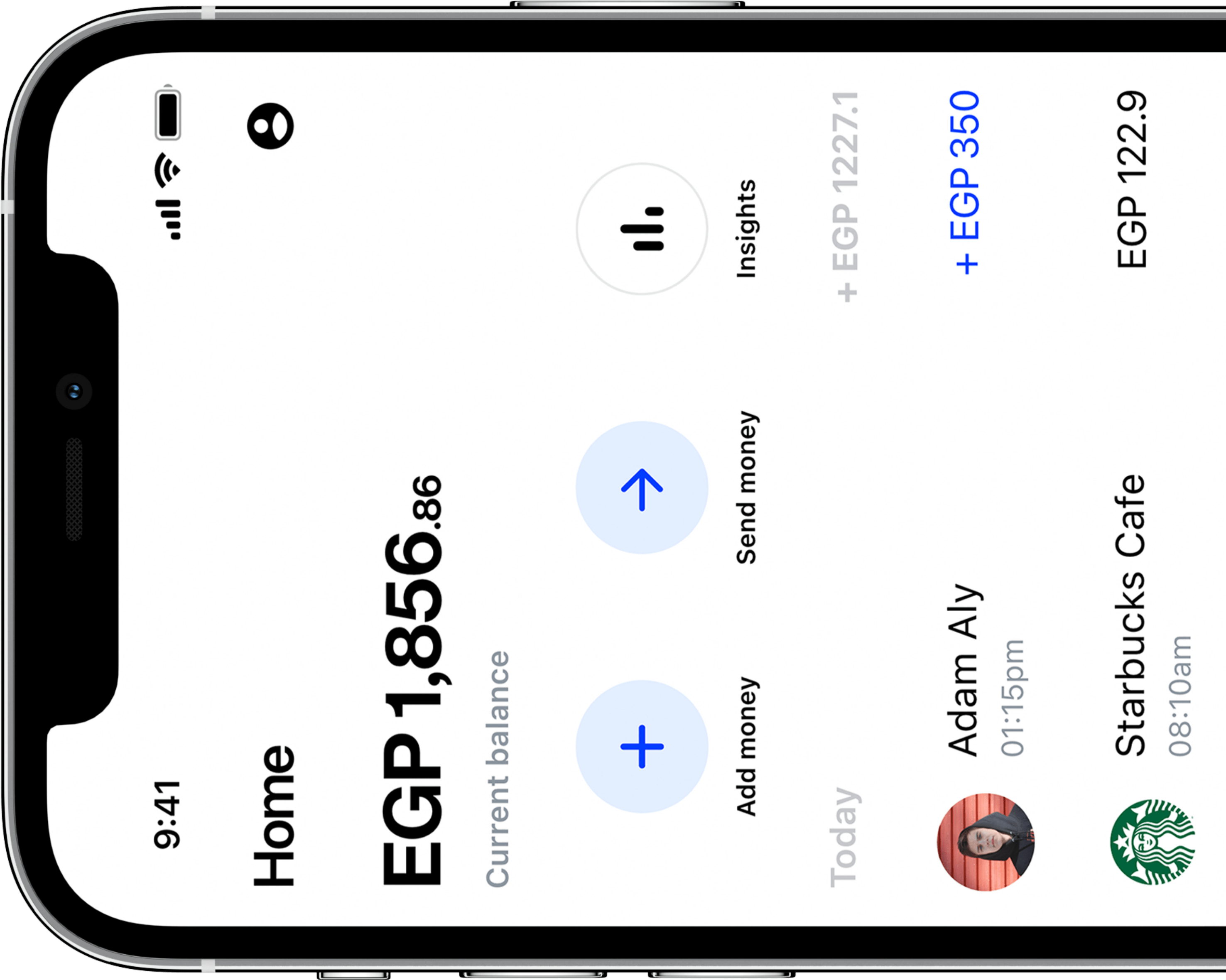 دفع وتحويل فلوس من على تطبيق تيلدا Telda app opened on home page showing transactions sending money and starbucks purchase